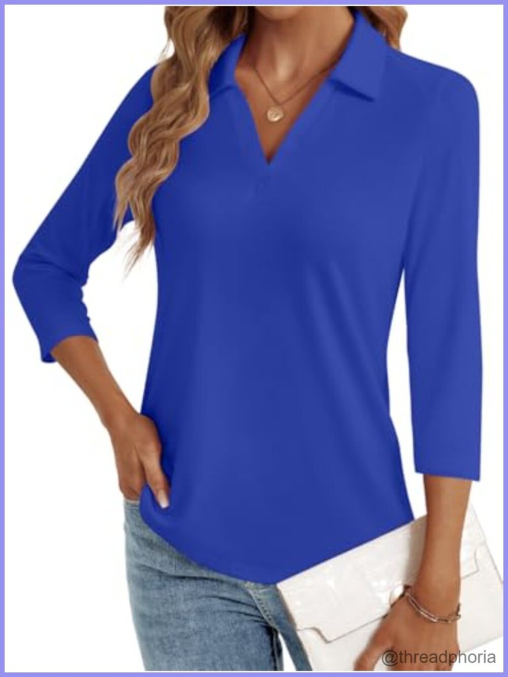 Womens 3/4 Sleeve V-Neck Polo Shirt Business Casual Blouse
